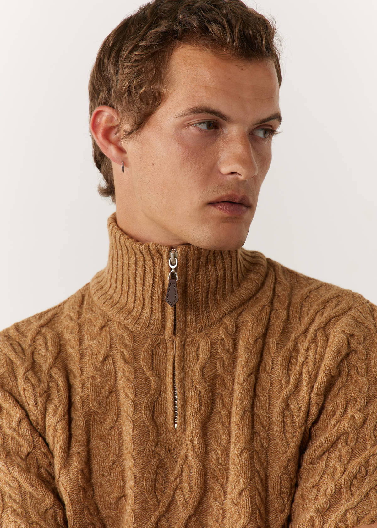 Pull col zippé en laine mélangée unie camel