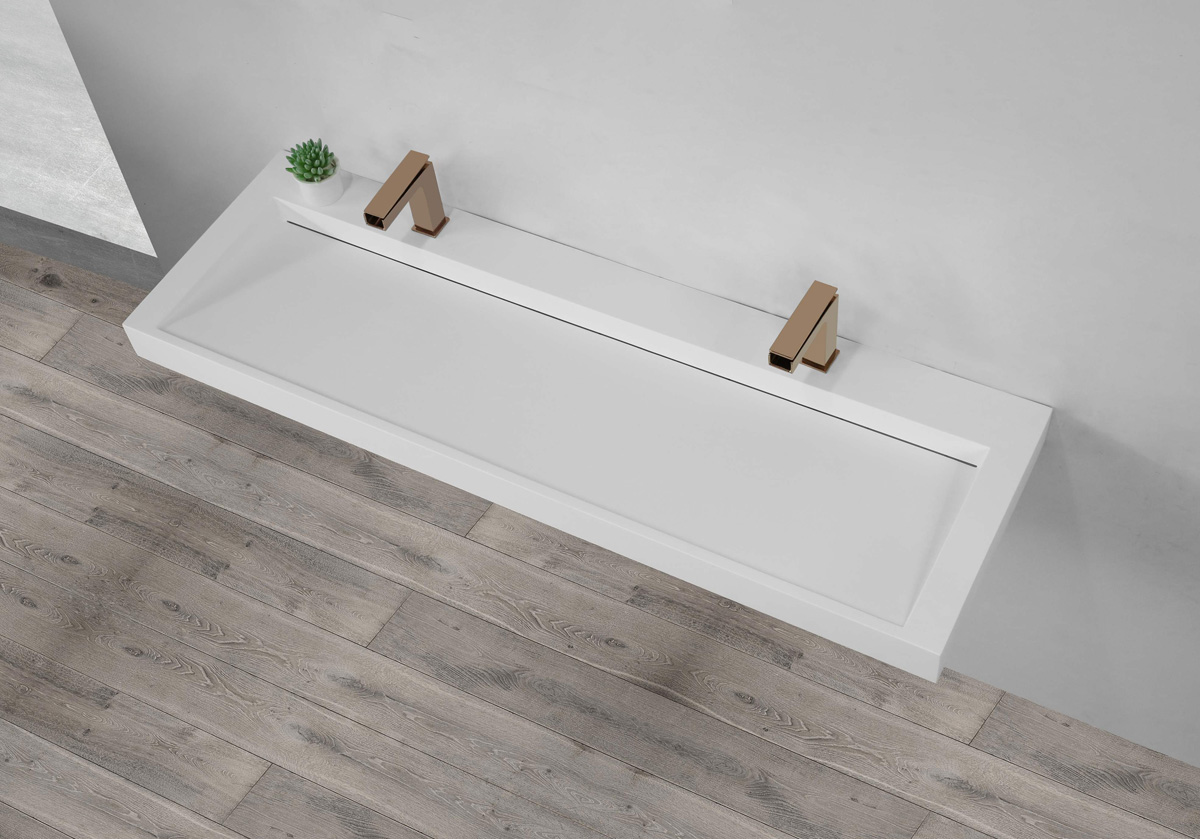Saniclear Hoya solid surface wastafel 160x45,5cm met 2 kraangaten mat wit