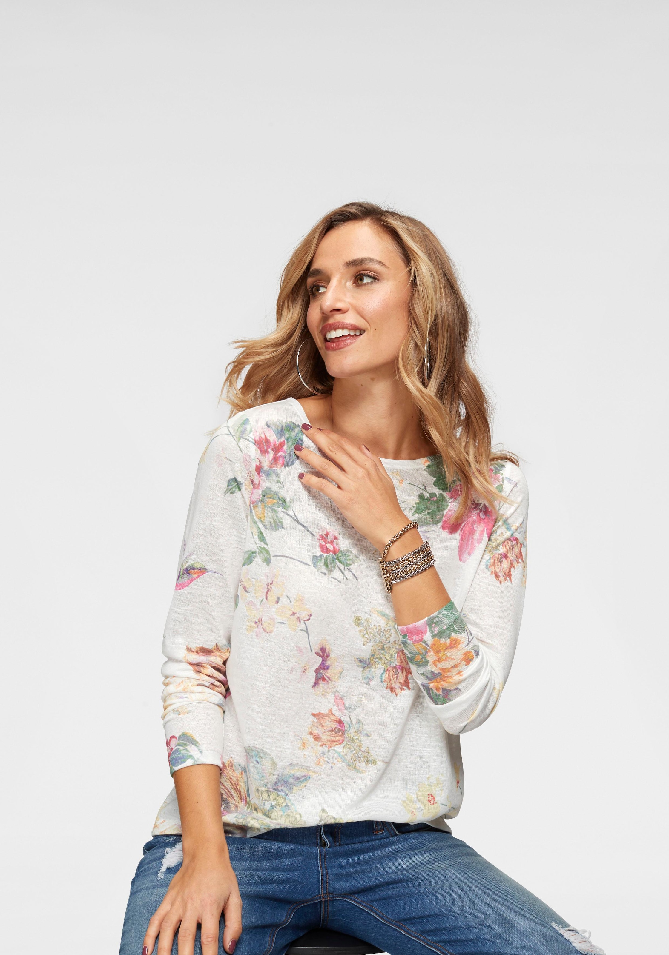 Aniston CASUAL Langarmshirt , mit grossflächigem Blumendruck und Vögeln