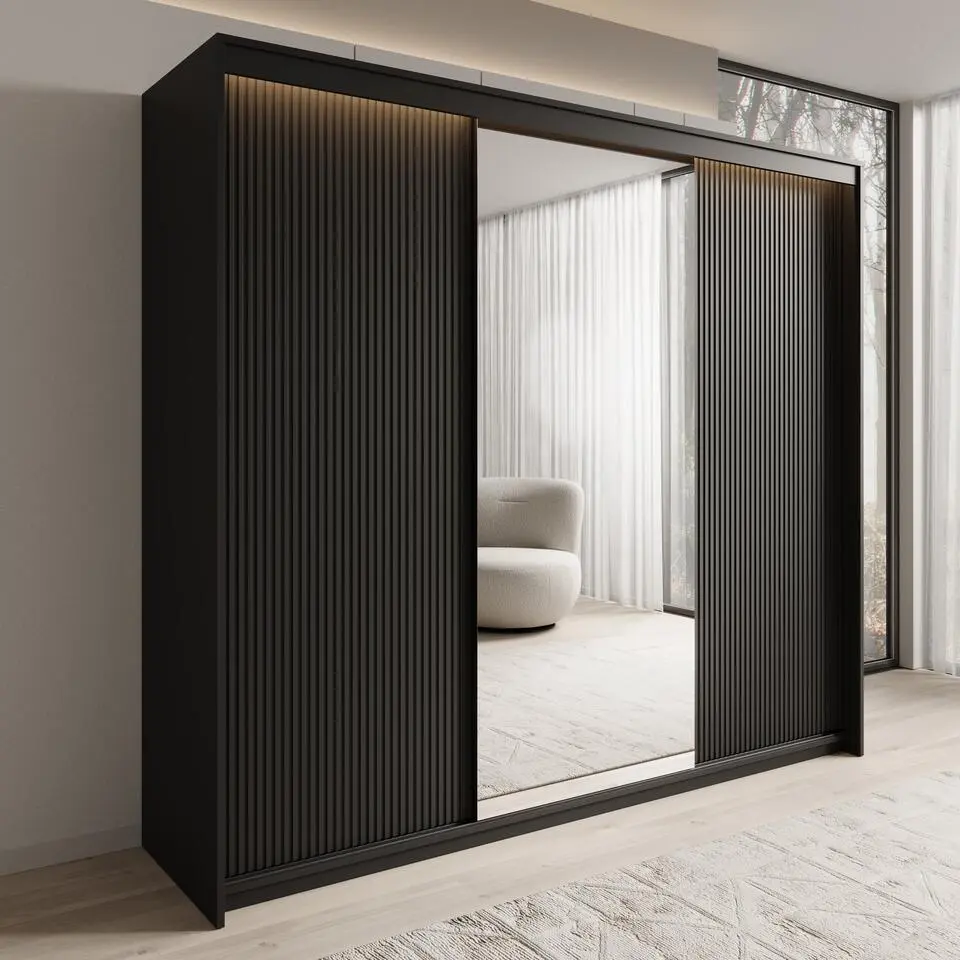 Meubella - Kledingkast Timoteo - Zwart - 250 cm - Met spiegel