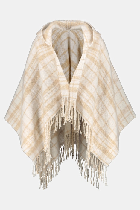 Poncho, Karomuster, Kapuze, Fransensaum, Kuschelstrick