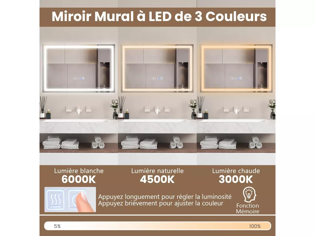 Miroir de Salle de Bain à LED, Miroir Mural Lumineux avec 3 Couleurs/Luminosité Réglable, Fonction Mémoire Affichage Temps Température IP44 avec Interrupteur Tactile, Argent