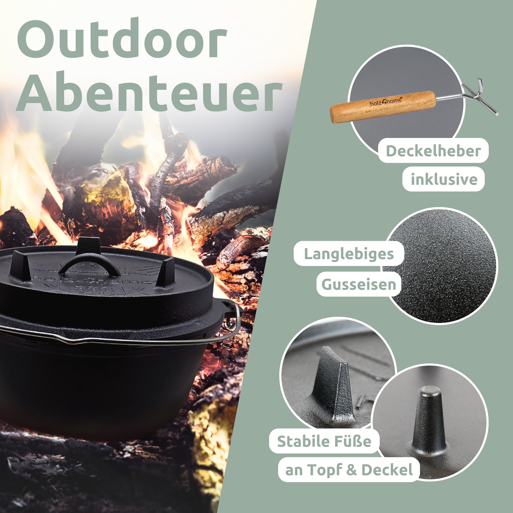 holz4home® Dutch Oven I eingebrannter Feuertopf aus Gusseisen I inkl. Deckelheber, Topfständer und Reinigungsbürste | 12 Liter