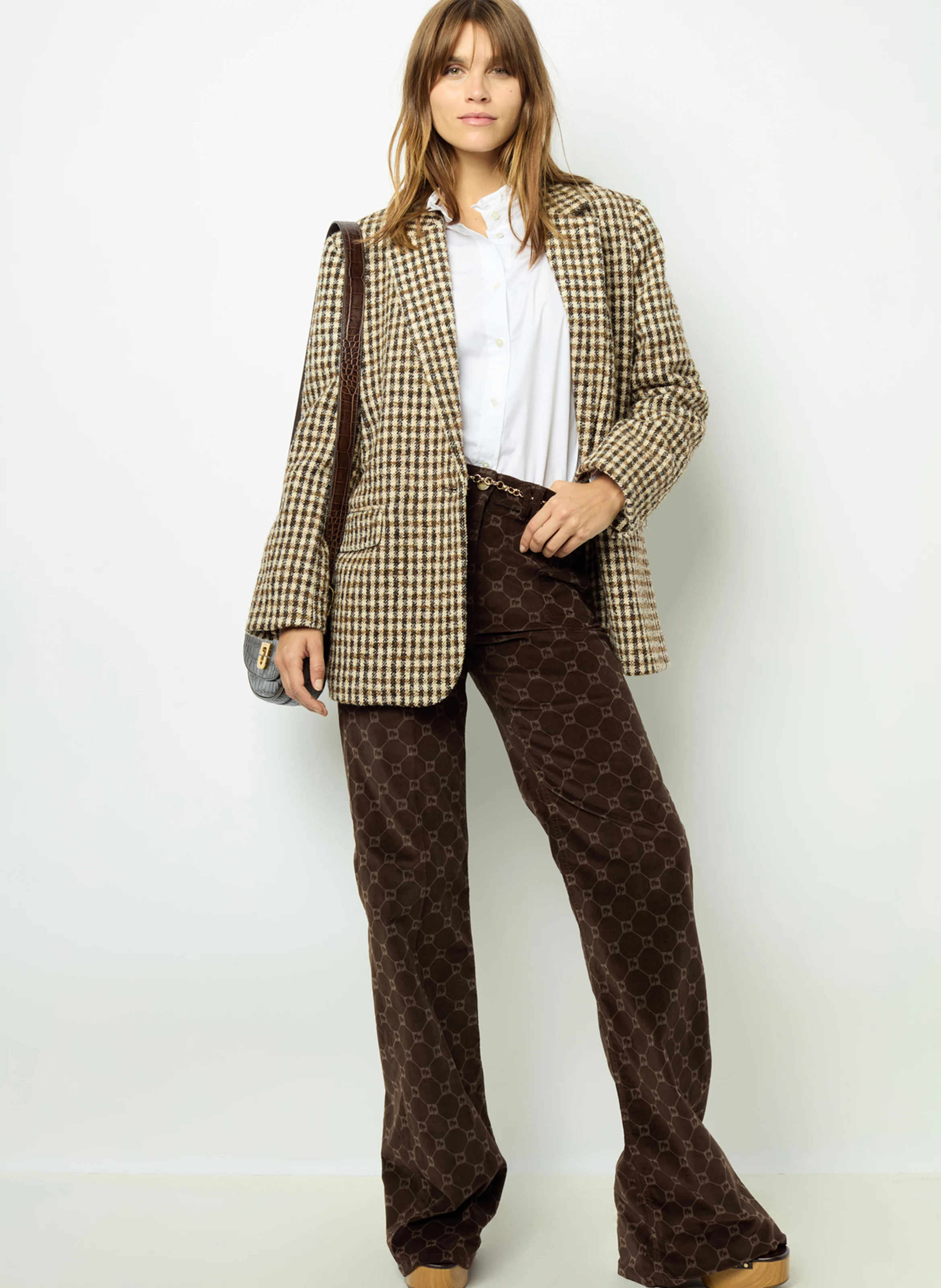 MANUELLE - Veste col tailleur large à carreaux | Marron