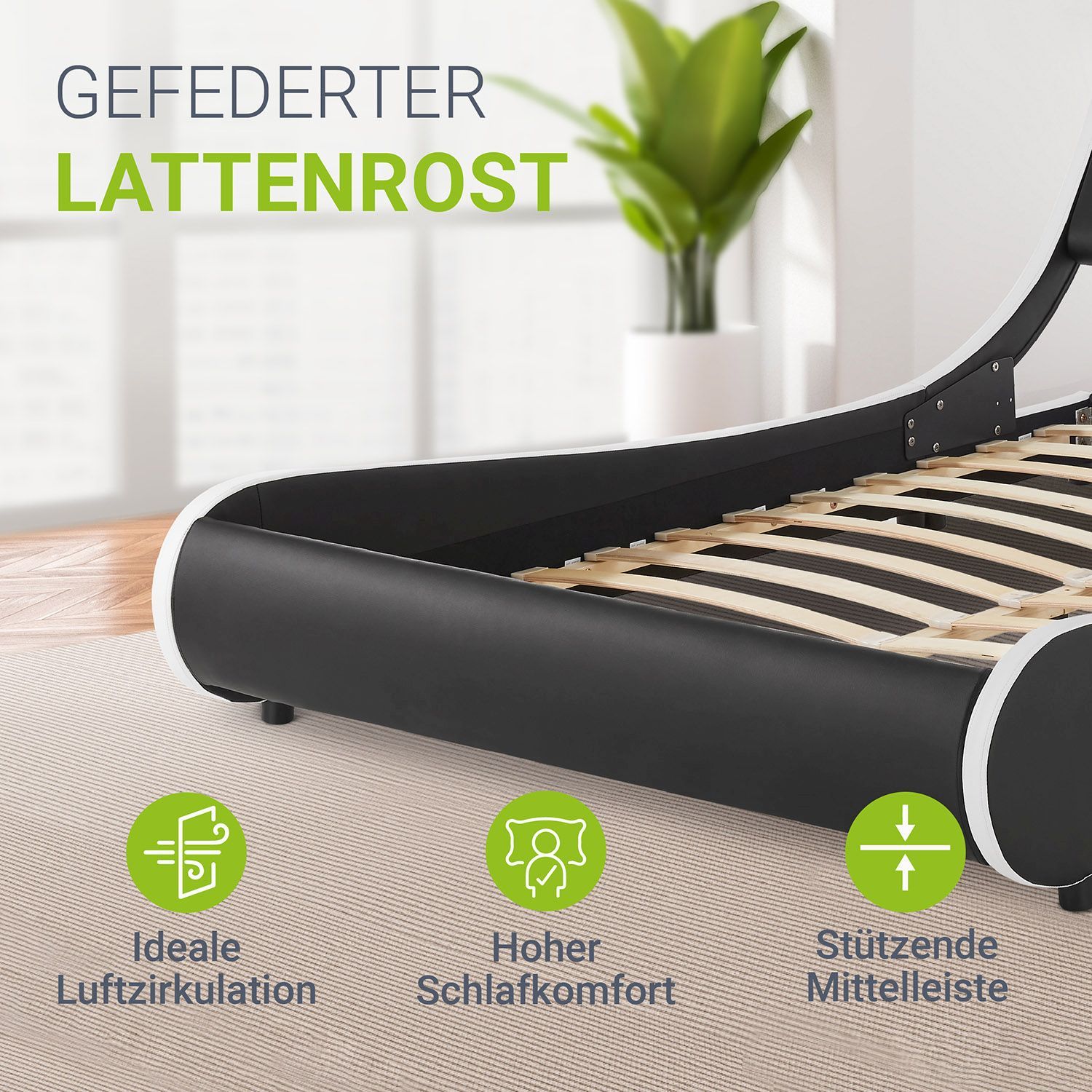 Juskys Polsterbett Bett Valencia 180 x 200 cm schwarz mit Kaltschaummatratze Doppelbett mit LED