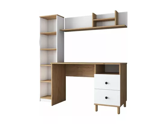 Bureau étagère Goldie en bois blanc-naturel - Dimensions 160x50x161,8 cm pour un espace de travail moderne
