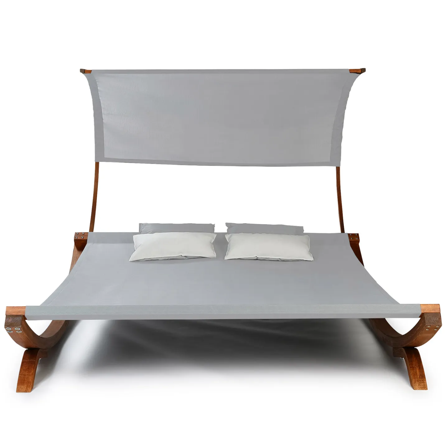 Lit de jardin en bois avec toile gris clair et auvent