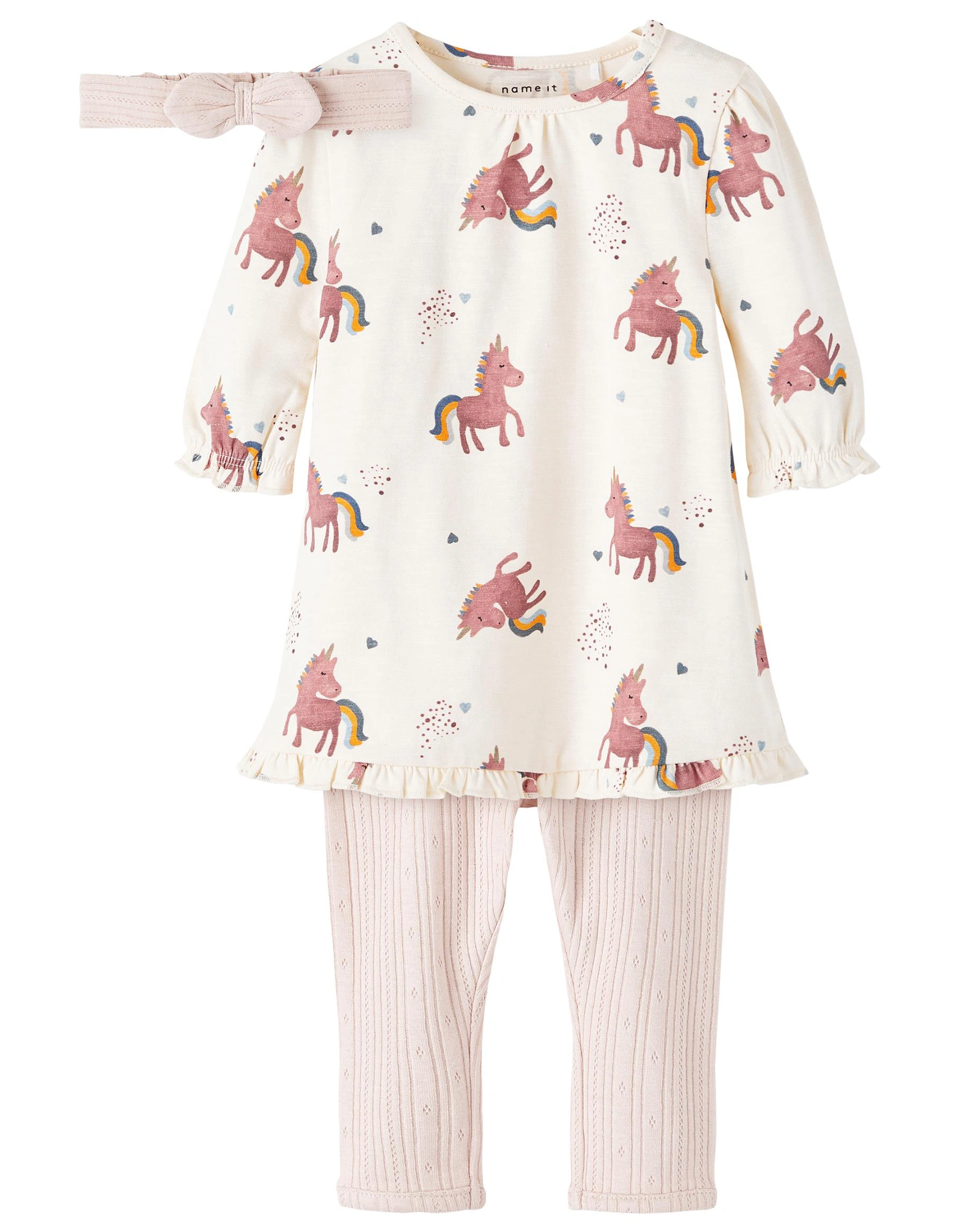 Langarmkleid-Set NBFTANNA EINHORN 3-teilig in buttercream