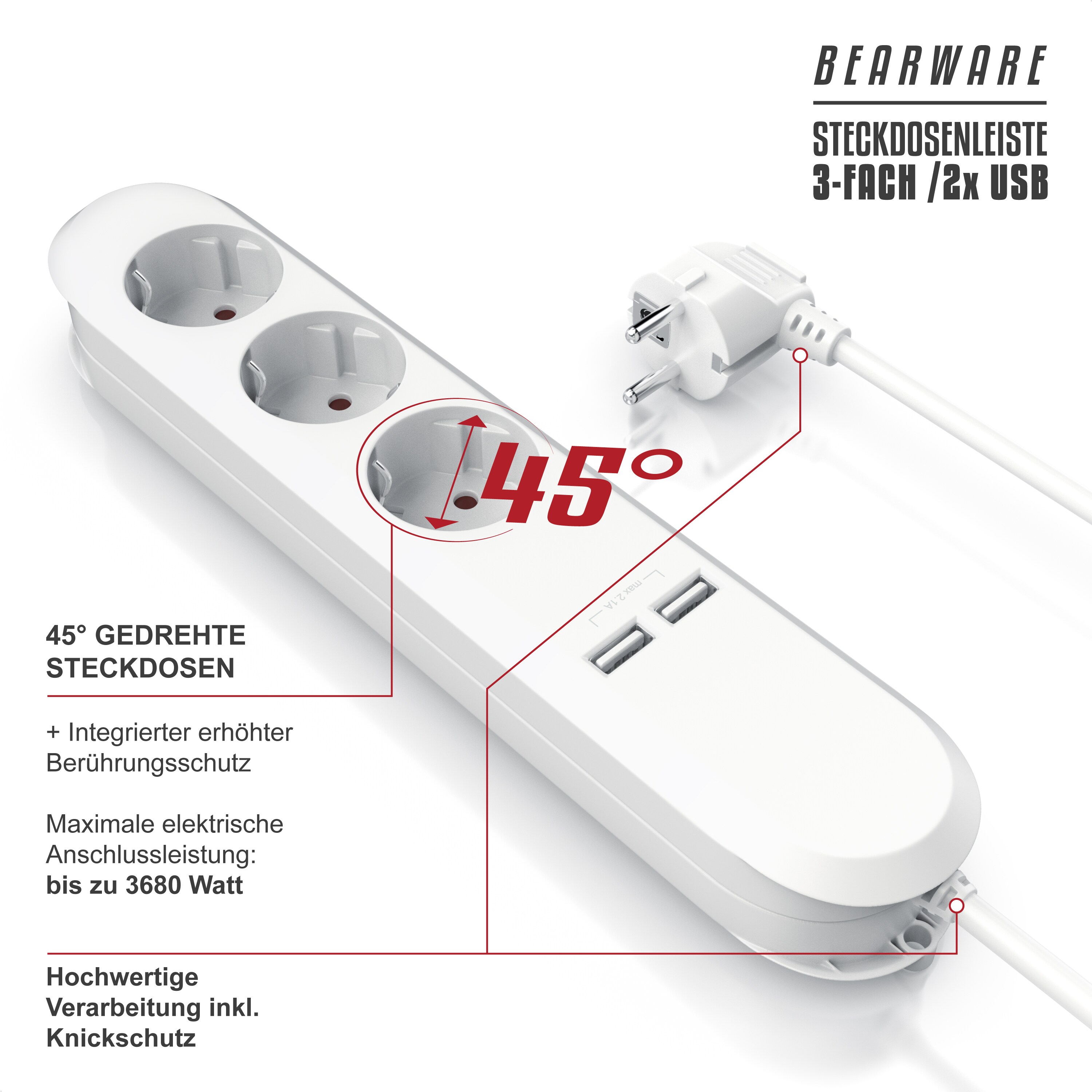BEARWARE Steckdosenleiste Mehrfachsteckdose Steckerleiste 3680W, 3-fach
