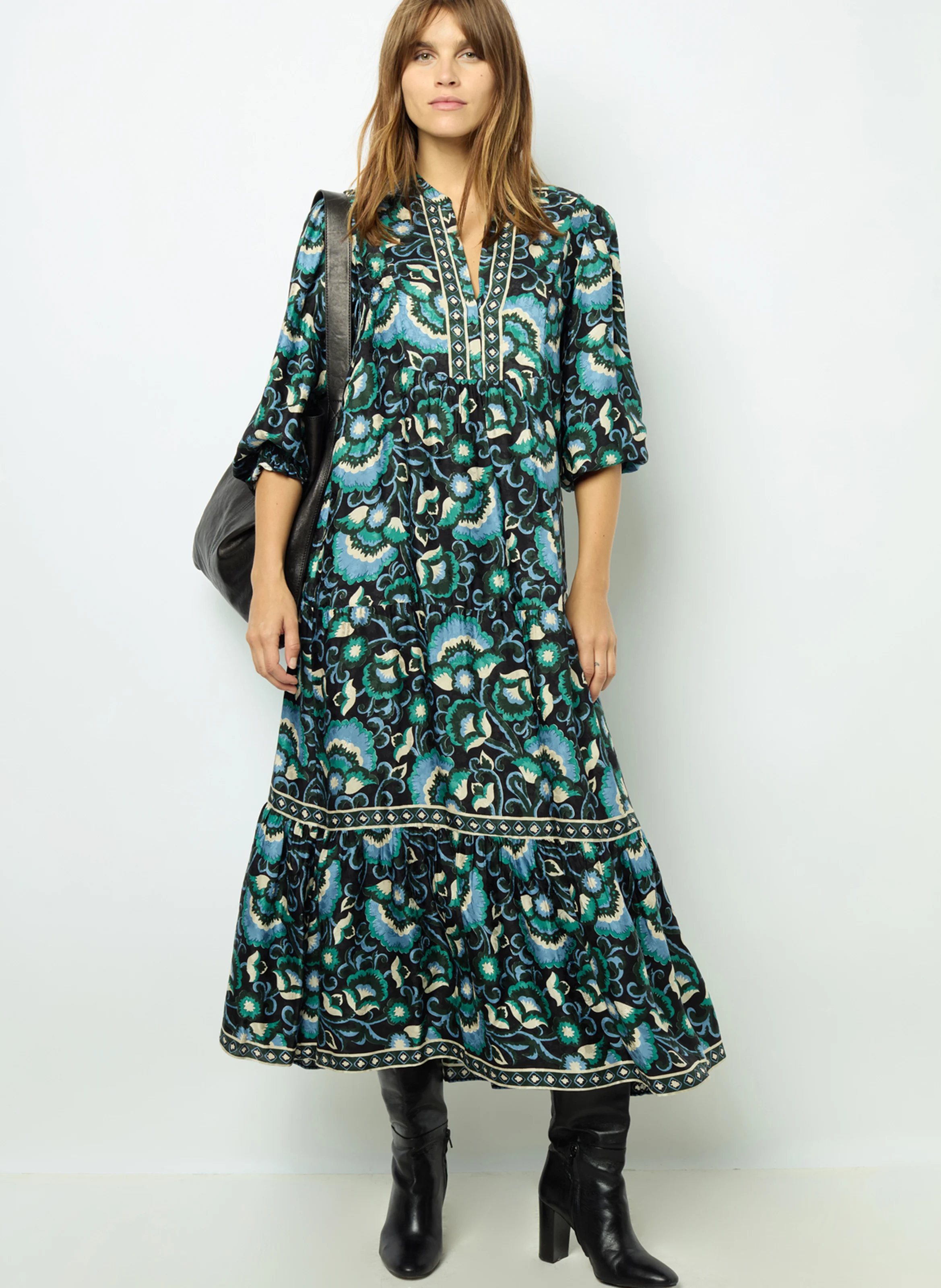 SANDA - Robe midi imprimée et jacquard | Vert
