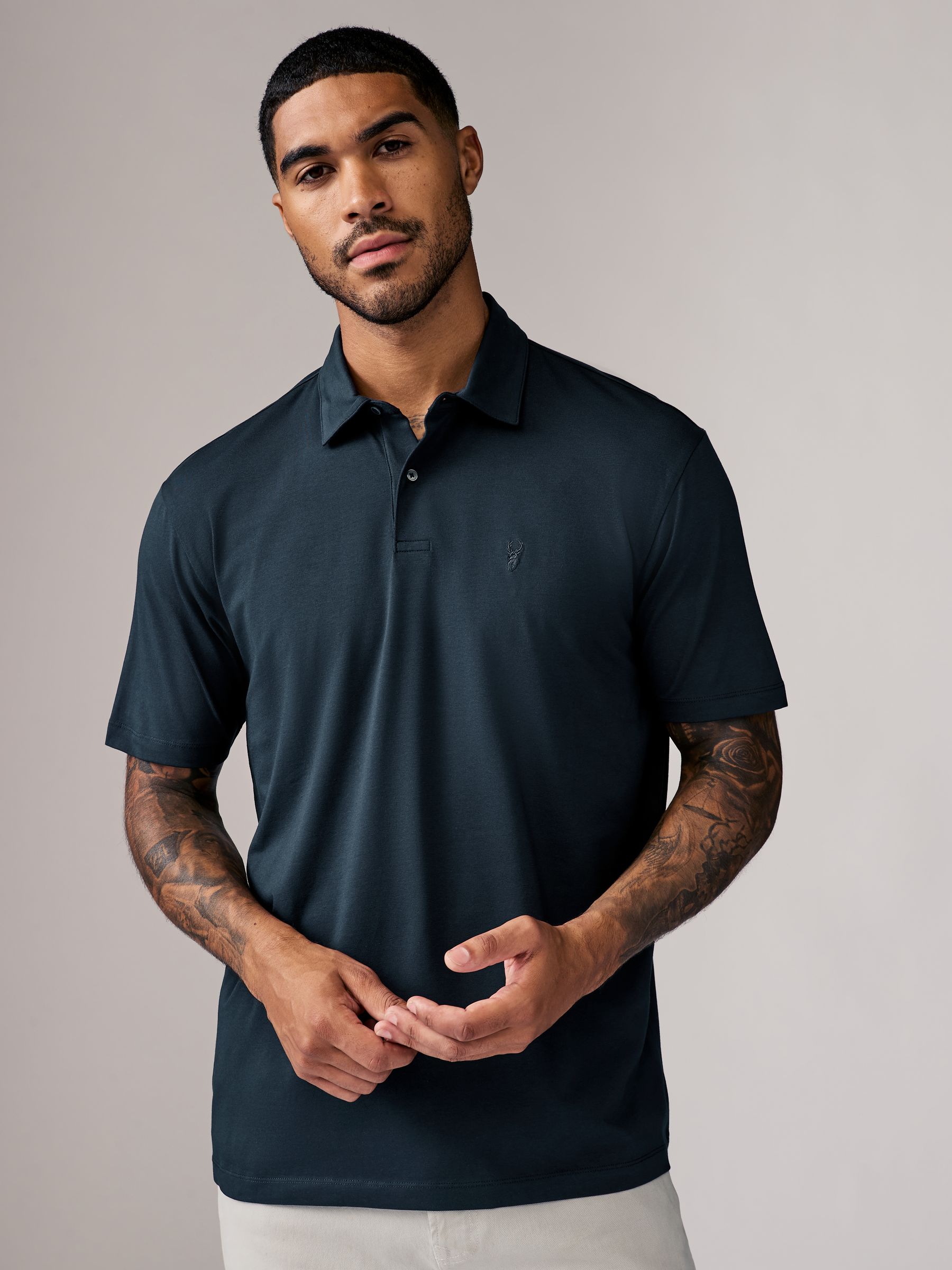 Marineblauw/bruin/grijs/wit/saliegroen - Normale Pasvorm - Set van 5 jersey poloshirts met korte mouwen