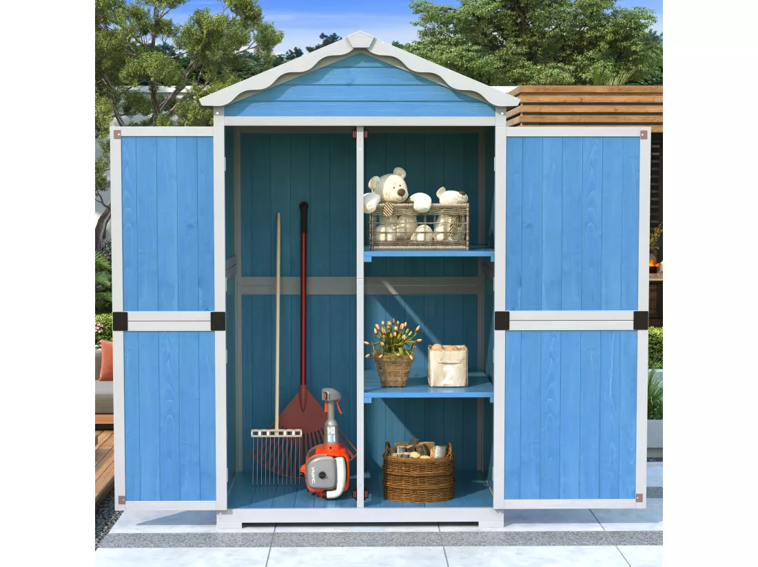 Abri de jardin en bois massif avec toit pente résistant aux intempéries - 2 portes 3 étagères - 93 x 45 x 179 cm - Bleu
