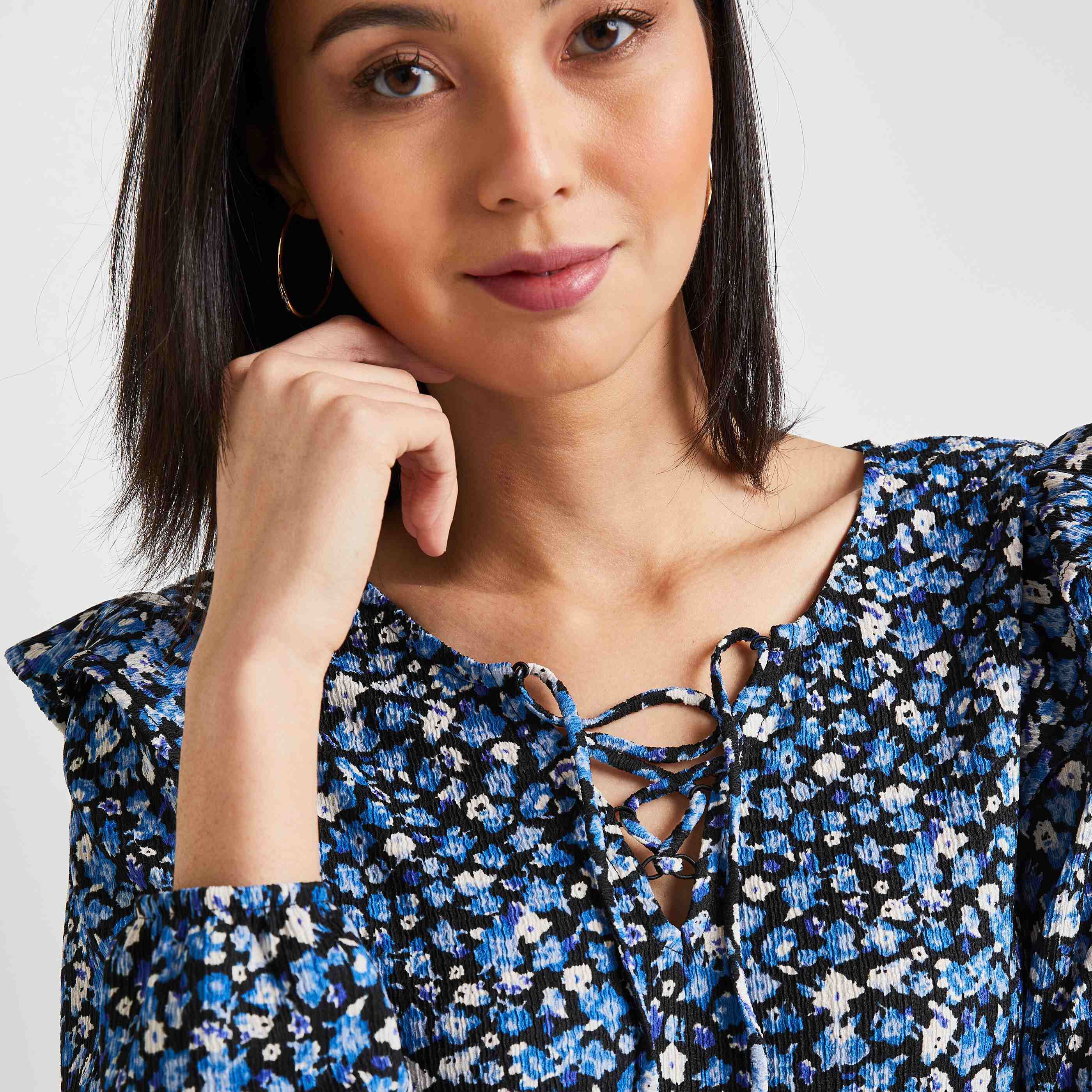 Blouse froissée imprimé fleurs - BLEU
