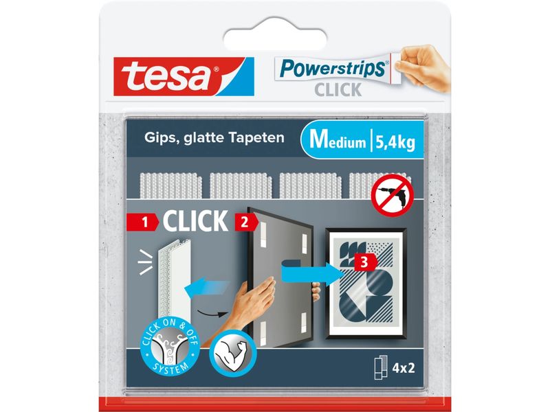 tesa Montagestreifen Powerstrips CLICK Medium 4 Paar, 5.4 k Klett-Klebepads zum An- und Abklicken von Bilderrahmen und Wanddekorationen ohne Bohren