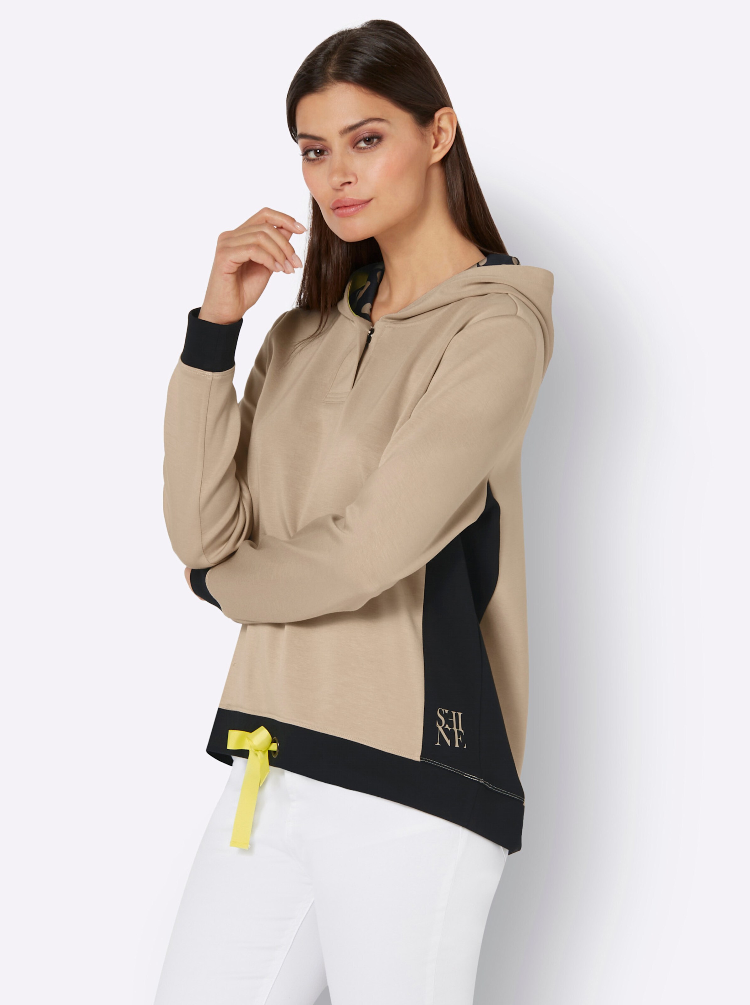 Modal-Mix-Sweatshirt in beige-schwarz-bedruckt