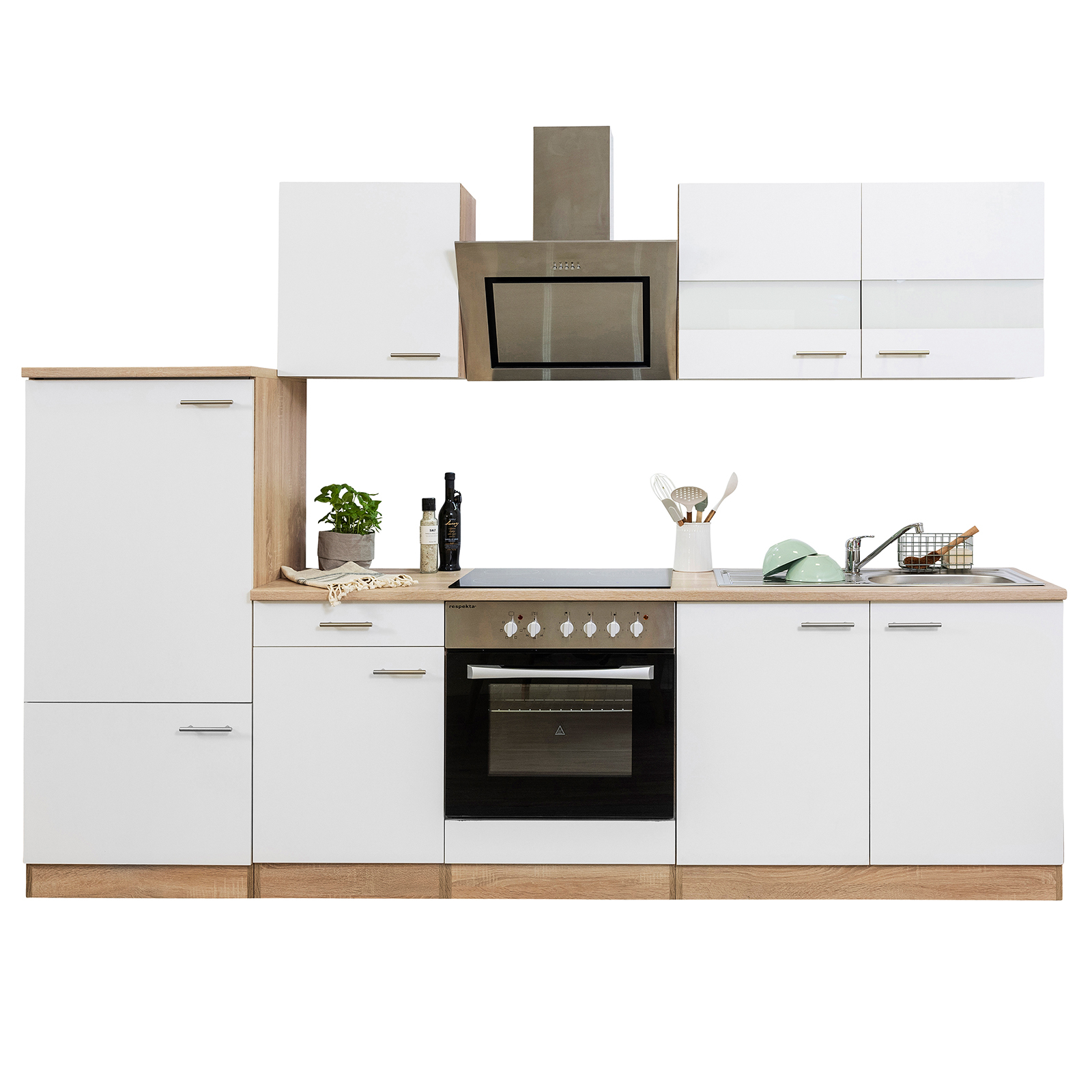 RESPEKTA Küchenzeile - weiß - Eiche sägerau - mit E-Geräten - 270 cm
