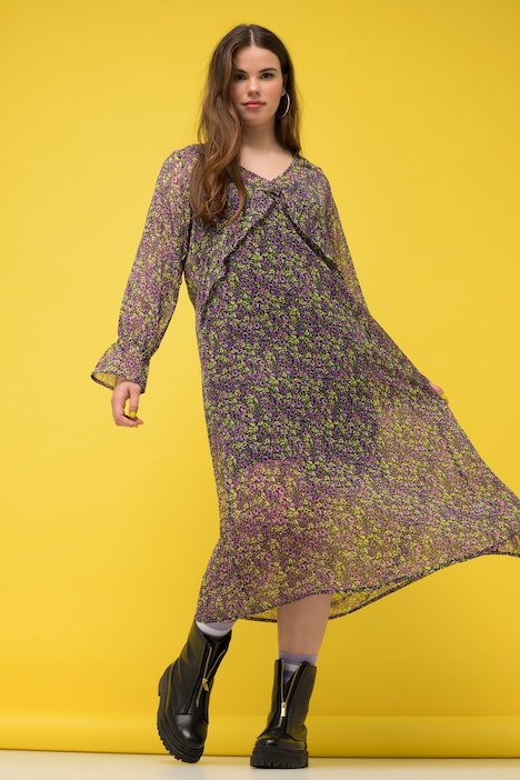 Maxikleid, A-Line, Chiffon, Minimal Blumen, V-Ausschnitt, Langarm