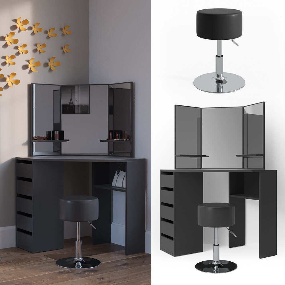 Vicco Schminktisch Arielle Frisiertisch Kommode Frisierkommode Spiegel Schwarz inklusive Hocker