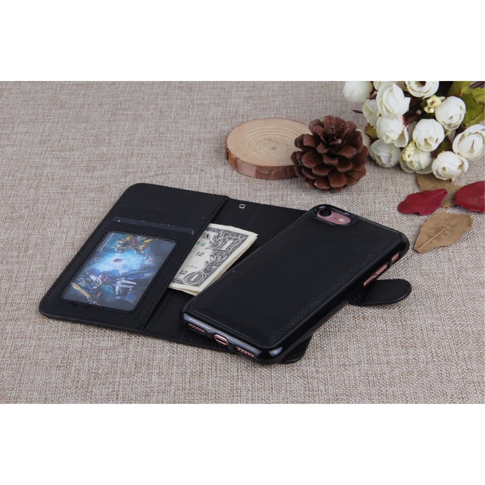 iPhone SE (2022/2020) / 8 / 7 Leder Tasche mit Kartenfächer   Magnetische Schutzhülle - Schwarz
