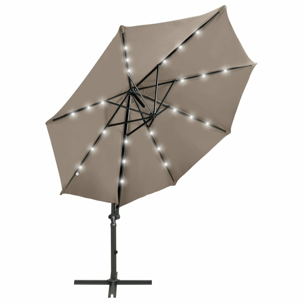 Parasol meuble de jardin déporté avec mât et lumières led 300 cm taupe