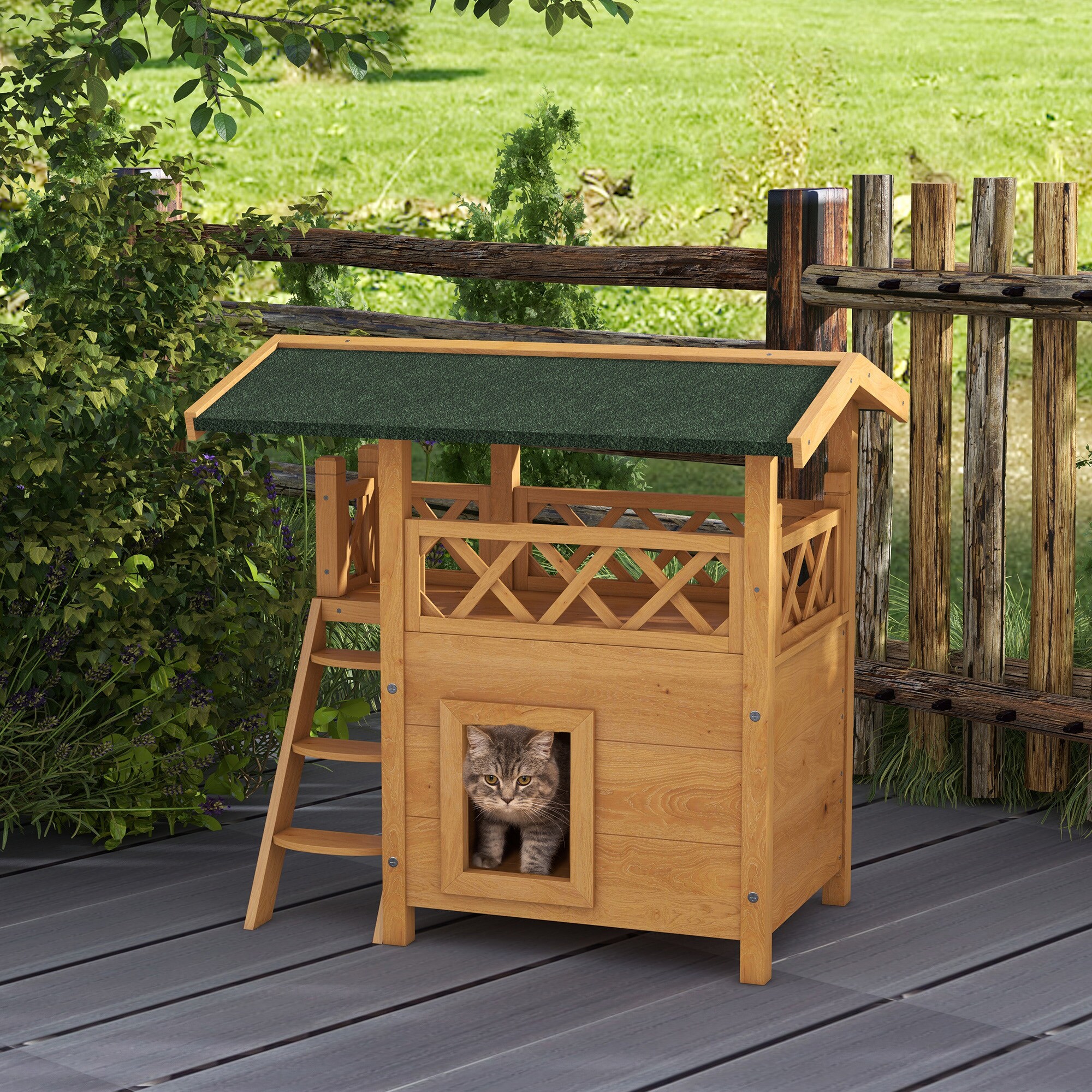 PawHut Katzenhaus mit Treppe und Dach natur 77L x 50B x 73H cm