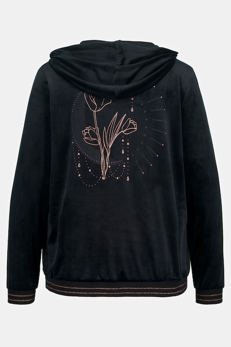 Samt-Sweatjacke, Tulpen, Kapuze, Glitzerdetails