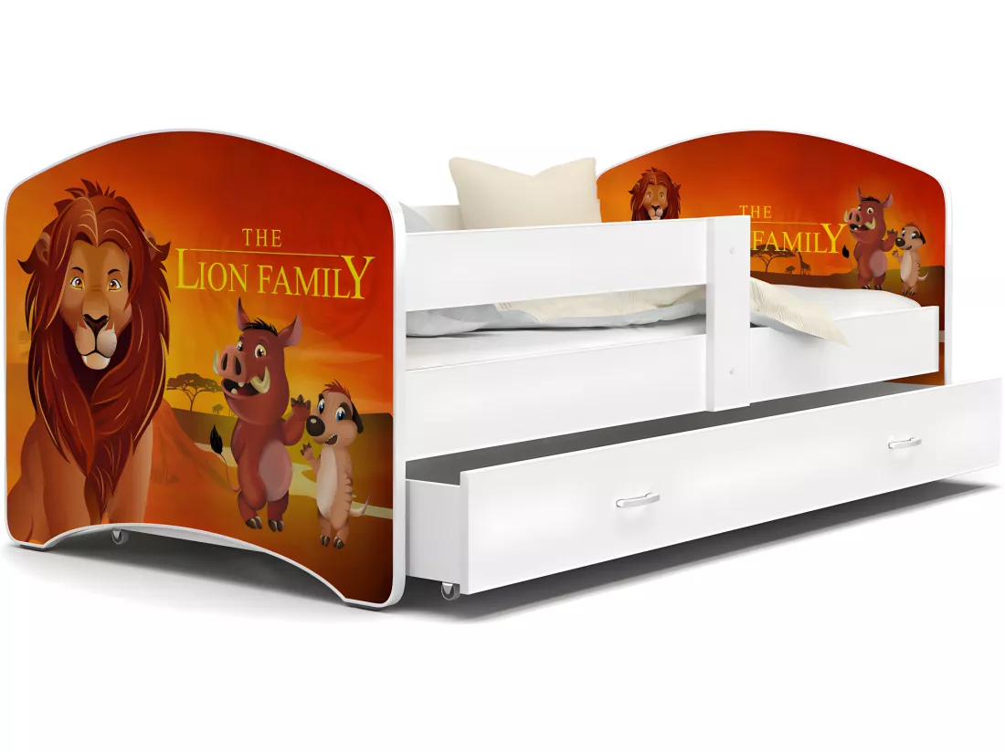 Lit Enfant Happy 80x160 Le Roi Lion Blanc Livré avec sommiers, tiroir et matelas en mousse de 7cm