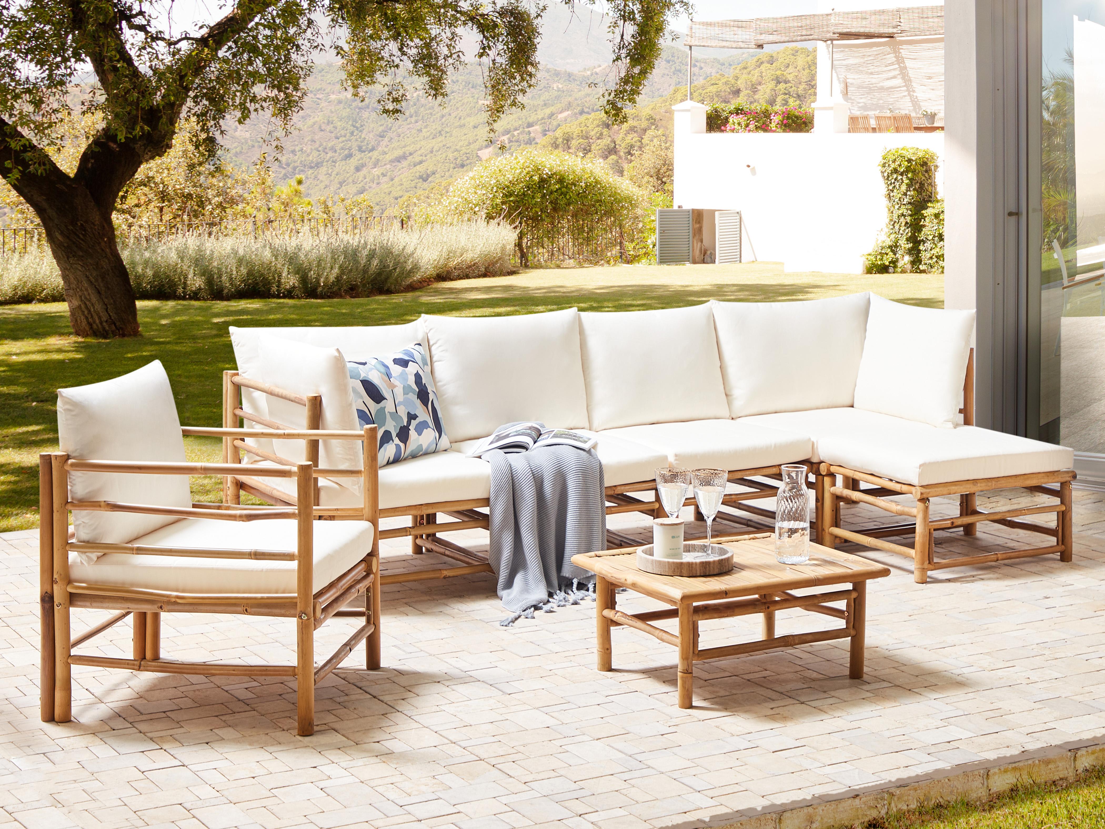 Loungeset met tafel 6-zits CERRETO linkszijdig Bamboehout Gebroken wit