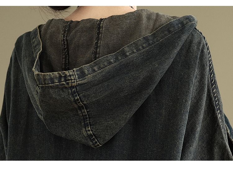 Taragon - V-hals, capuchon, gewassen denim, knoopjack