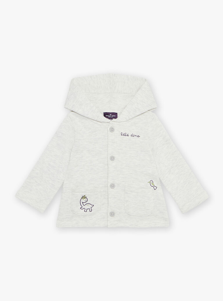 Cardigan en molleton beige chiné à capuche et à broderies animaux fantaisie