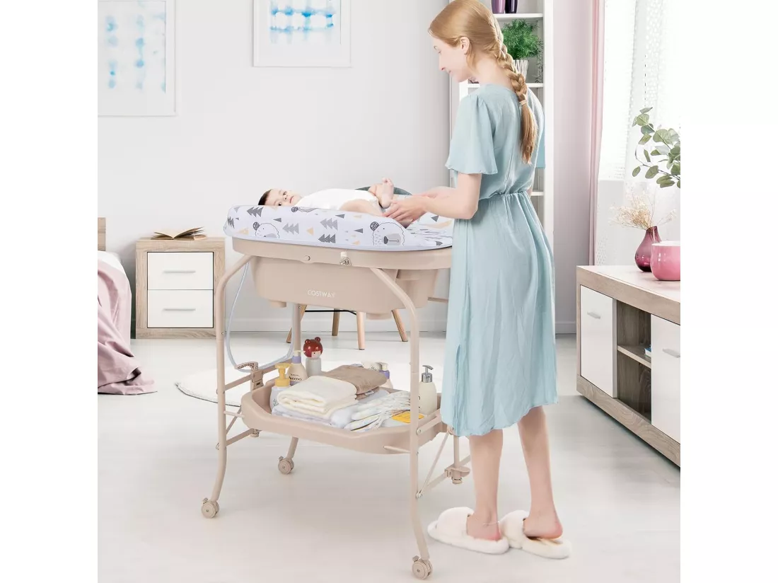 Table à Langer 2 en 1 avec Baignoire 20L Plateau de Rangement, Commode à Langer Pliable Couches Étanches Roue Universelle à Frein Charge 35KG, pour Bébé 0-12 Mois (Beige)