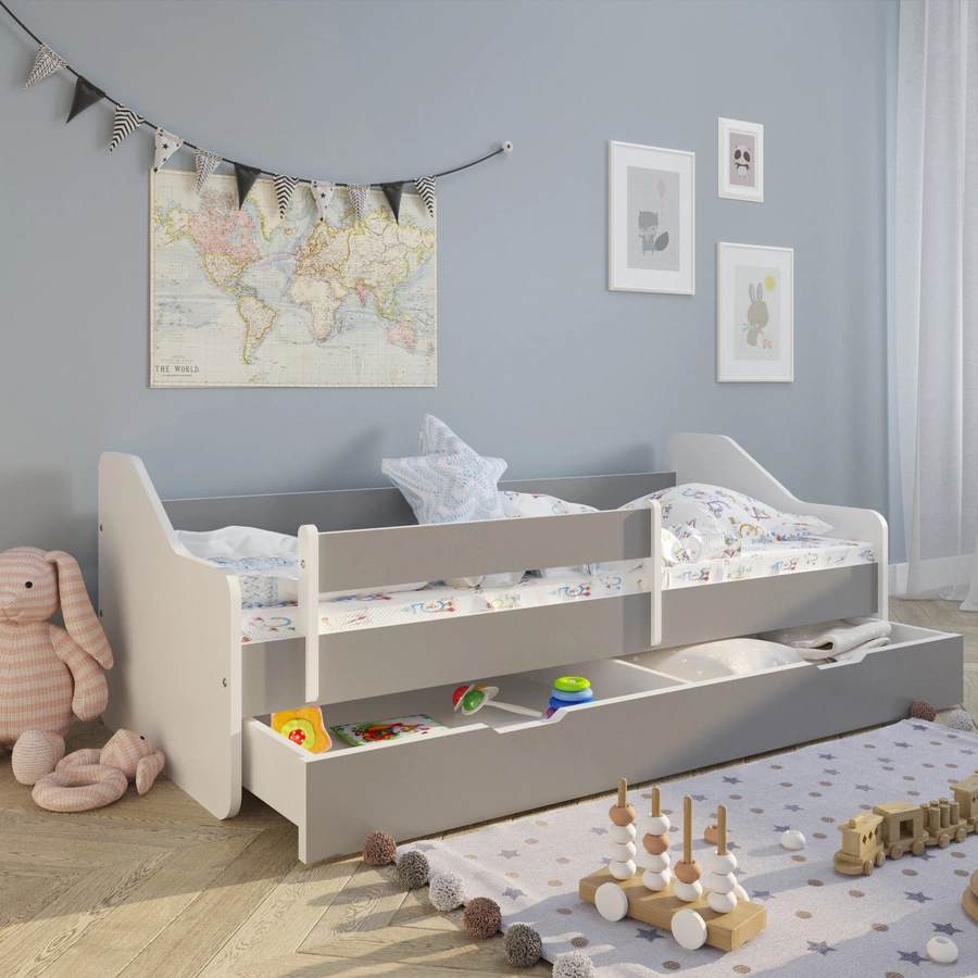 Kids Collective Kinderbett 80x160 | 80x180 cm mit Rausfallschutz & Lattenrost grau mit Schubl. und Matratze