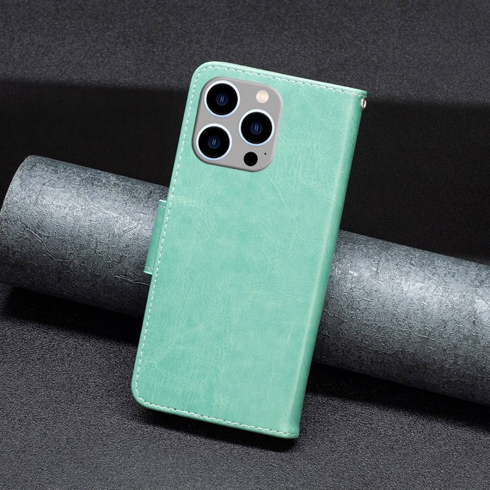 iPhone 14 Pro Max Leder Tasche mit Kartenfach   Handschlaufe Schmetterling - Türkis