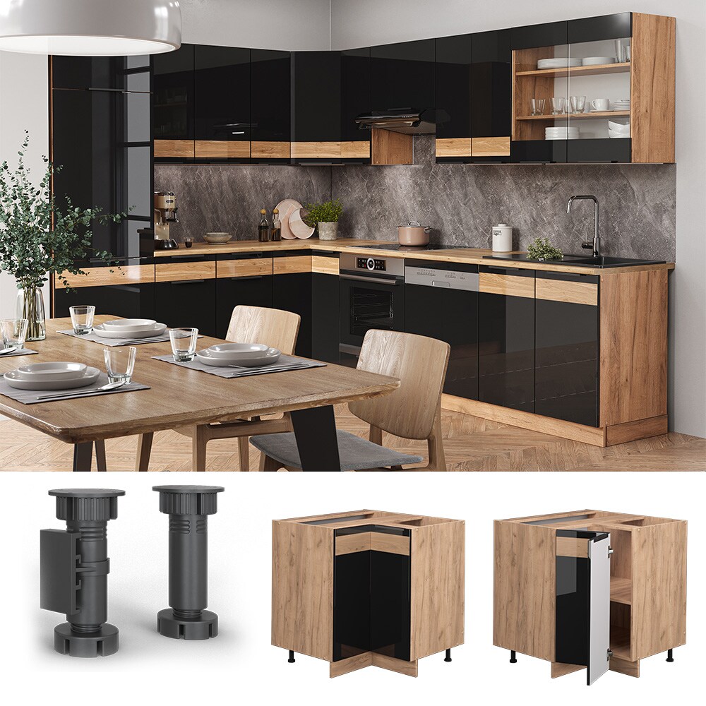 Vicco Eckunterschrank Küchenschrank Küchenmöbel Fame-Line Eiche Schwarz 81 cm modern Hochglanz