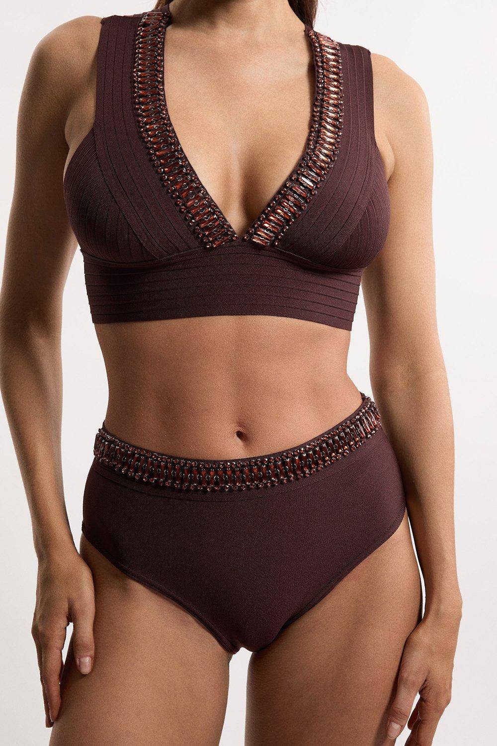 KarenMillen Bas de bikini taille haute avec garniture embellie effet bandage