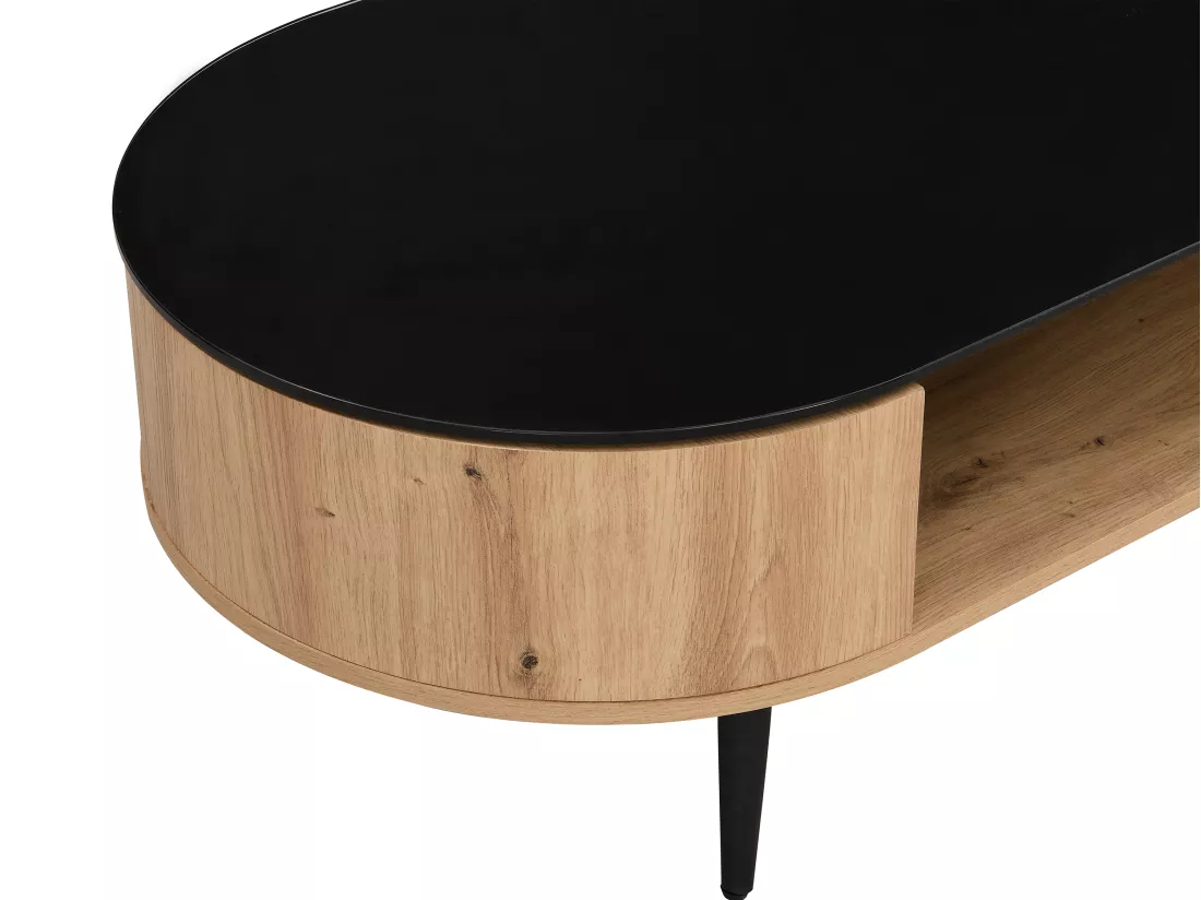 Table basse avec plateau pivotant et 3 niches en MDF et verre trempé - Naturel et noir - YONISMA