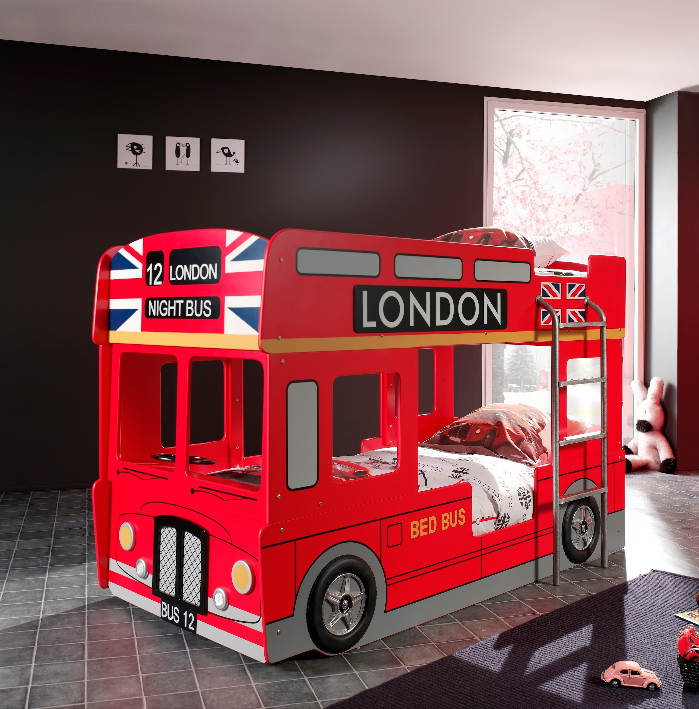 Vipack Etagenbett »London, in Londoner Stadtbuss-Optik, das Highlight im Kinderzimmer« B/H/T ca. 215x132x100cm, MDF rot lackiert mit Applikationen,  inkl. Bodenplatten für die Matratzenauflagen und seitlicher Leiter