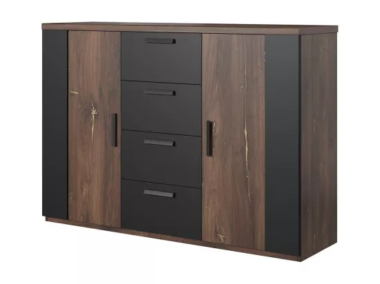 Chambre complète FOX – Lit coffre 180x200, sommier inclus, Armoire, Commode, Chevets – Chêne foncé