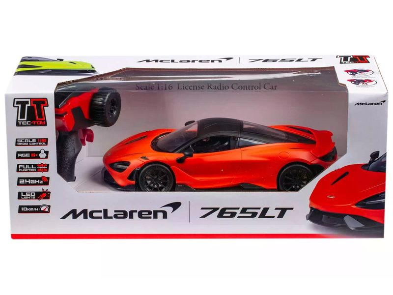 TEC-TOY Auto McLaren 765LT mit Licht, Orange, 1:16 Ferngesteuerter Sportwagen mit Licht für Kinder ab 6 Jahren