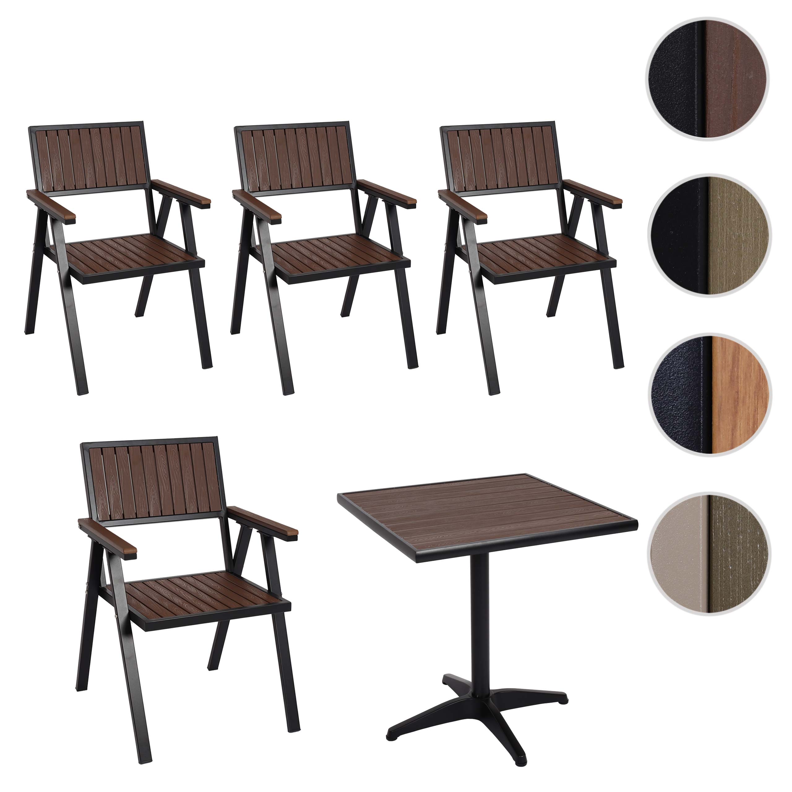 4er-Set Gartenstuhl+Gartentisch MCW-J95, Stuhl Tisch, Gastro Outdoor-Beschichtung, Alu Holzoptik ~ schwarz, dunkelbraun