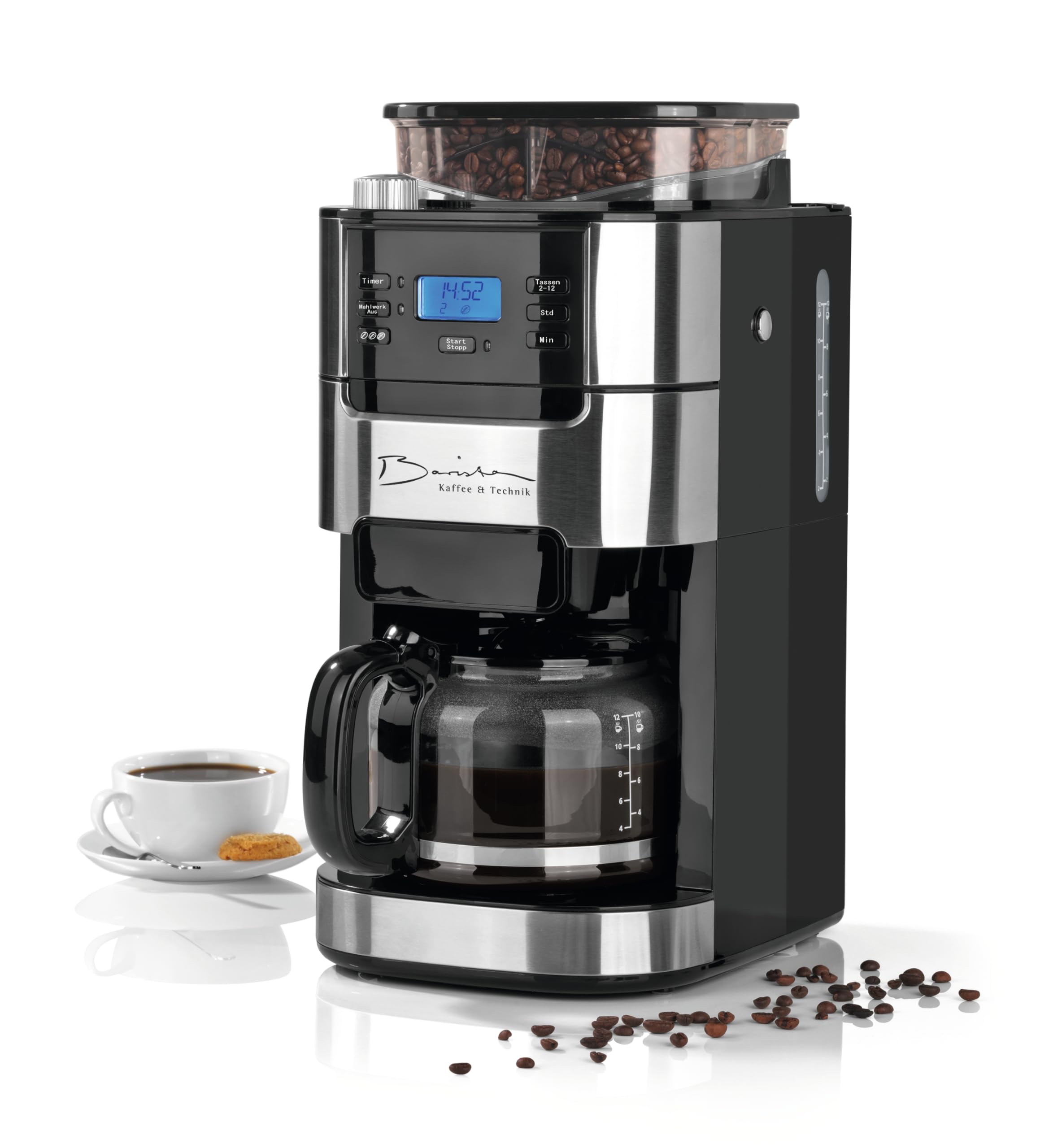 Barista Kaffee & Technik Cafetière Filtre avec verseuse erseuse en verre 1L pur 12 tasses de café, Machine a cafe grain avec broyeur et écran digital,