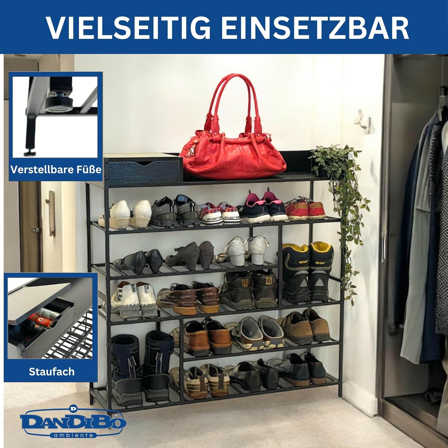 DanDiBo Schuhregal Platzsparend Metall Schwarz Modern 6 Etagen 100 cm mit Ablage Schuhständer mit Stauraum Schuhablage Schuhaufbewahrung Regal Design Shoe Rack