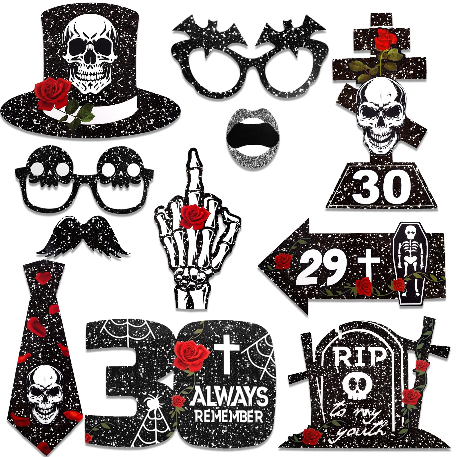 (25er Set) Photo Booth Fotorequisiten R.I.P Death to my Youth Party Foto Accessoires Dekorationen für lustige Bilder - 30. Geburtstag