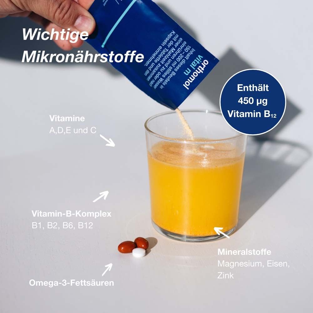 Orthomol Vital m für Männer - bei Müdigkeit - mit B-Vitaminen und Omega-3 - Granulat/Tabletten/Kapseln - Orangen-Geschmack