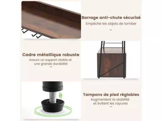 Porte-Bouteille Industriel avec Porte-Verres, 18 Bouteilles & 15 Verres, Casier à vin Amovible, Étagères de Rangement pour Cuisine, Salle à Manger, Bar, 32 x 63 x 114,5 cm, Marron Rustique