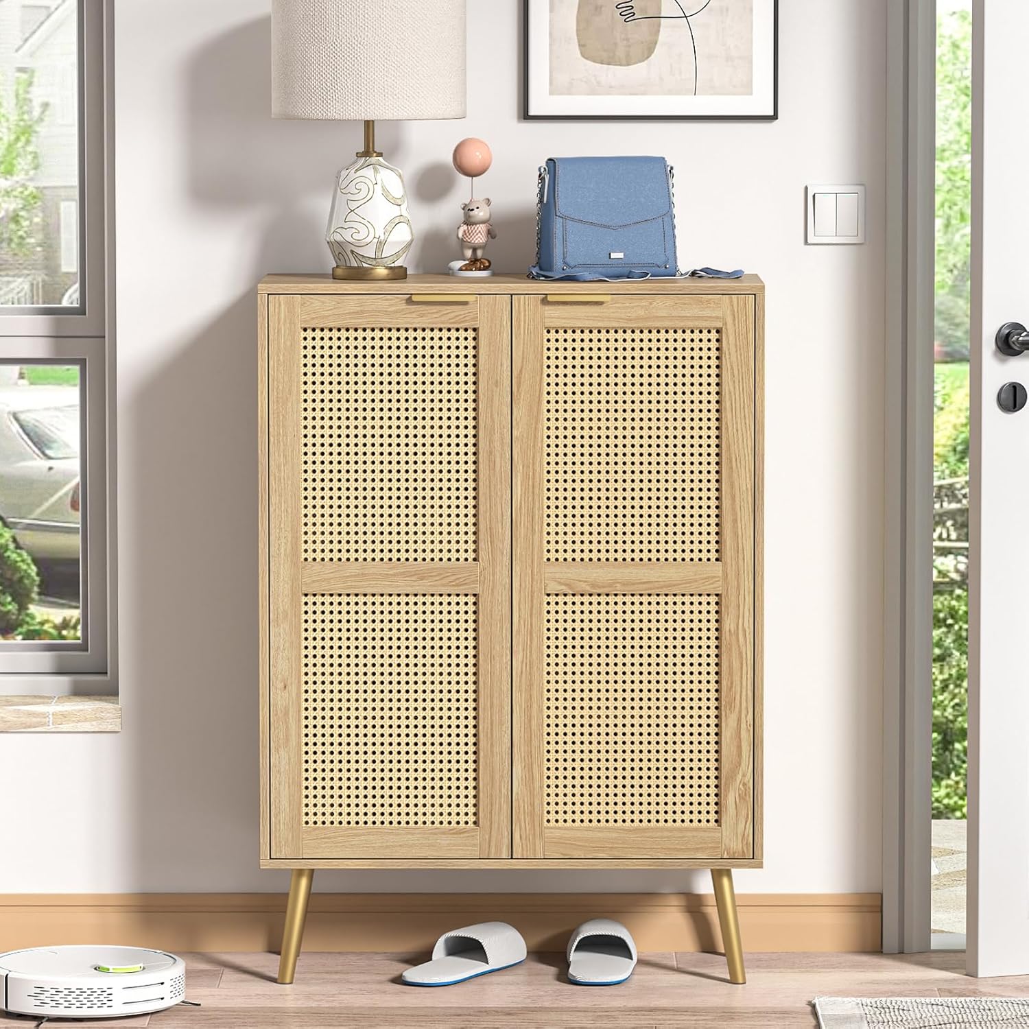 Rattan Sideboard, Küchenschrank mit 2 Türen, Buffetschrank mit verstellbares Regal, Küchenbuffet für Küche Wohnzimmer Esszimmer, Flur, Holz, Landhausstil 80 x 34 x 112 cm