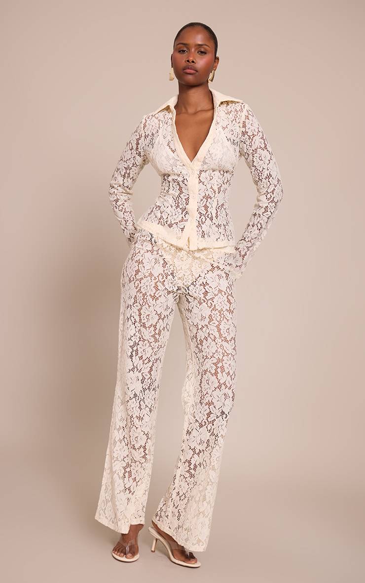 Crème Pantalon Droit Taille Haute En Dentelle