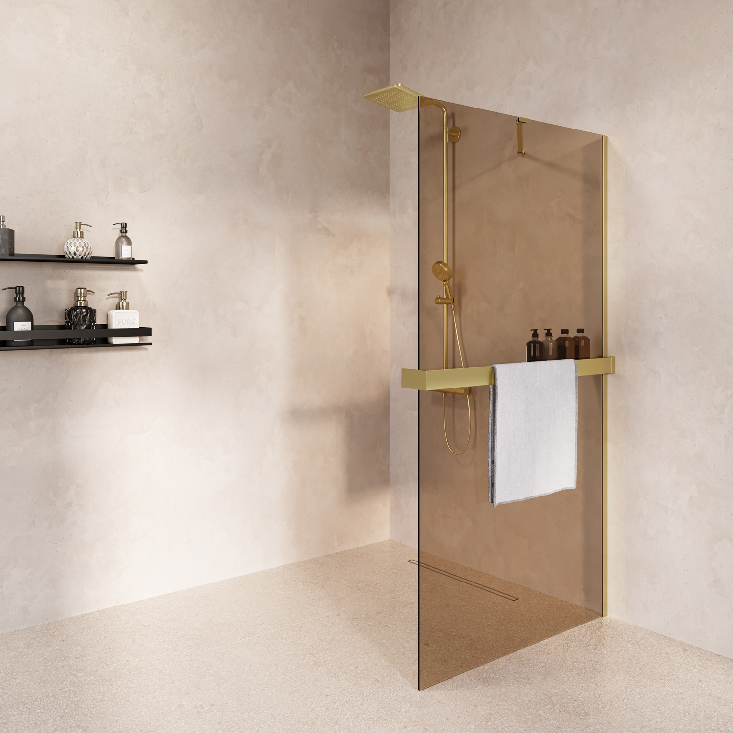 Saniclear Oblique inloopdouche 100cm met handdoekhouder en bronsglas geborsteld messing - mat goud