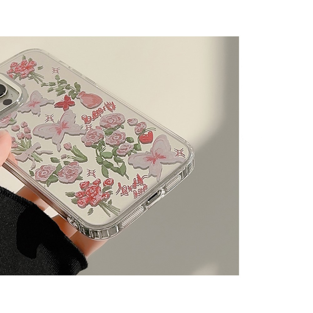 iPhone 13 Pro Galvanisierte Gummi Case Hülle mit Spiegel   Blumen Muster - Silber / Transparent