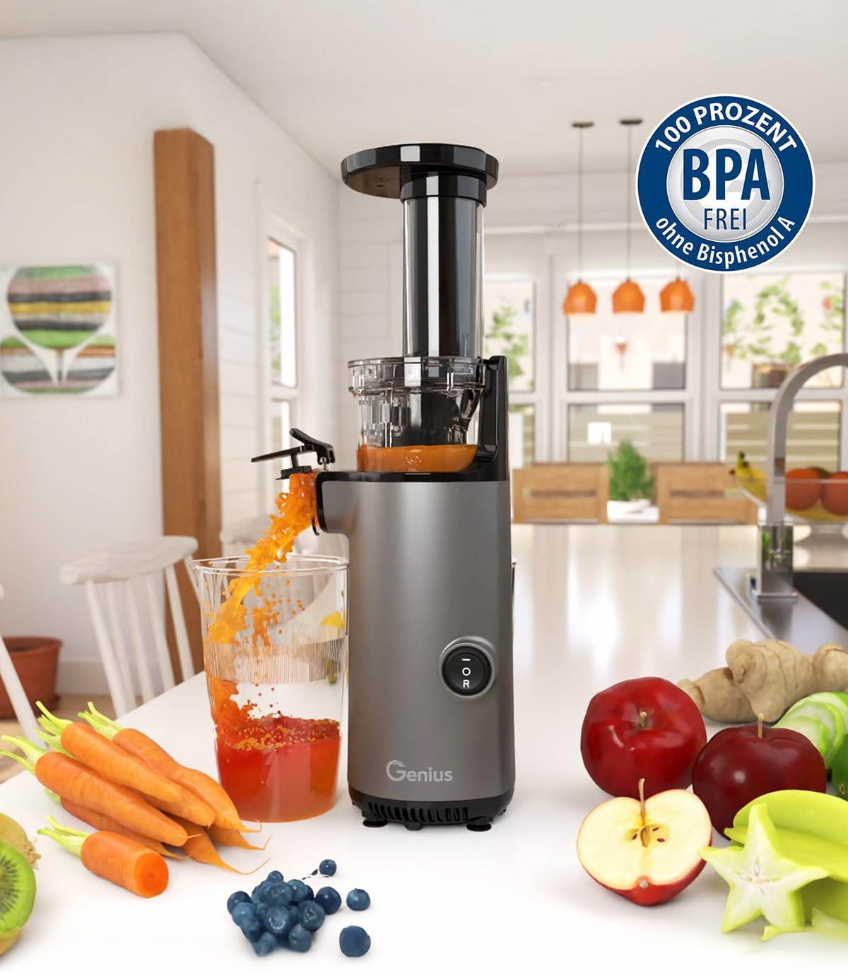 Genius Slow Juicer Mini Saftpresse für Gemüse und Obst, 9-teilig, Kaltpresse, 130 W, leise, einfaches Design, leichte Fruchtpresse, elektrisch, einfache Reinigung mit Bürste